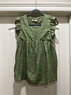 Mustard Seed Green V-Neck Flutter Sleeve Blouse